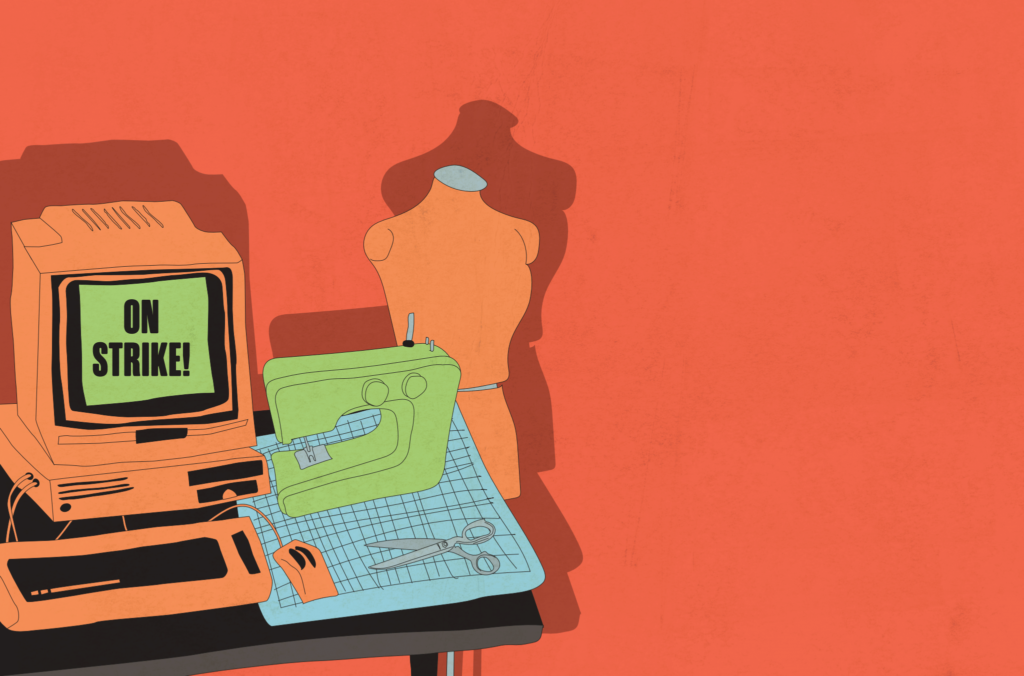 Image of computer with words on strike on the screen. Next to the computer is a dummy for sewing and a pair of scissors on a table.