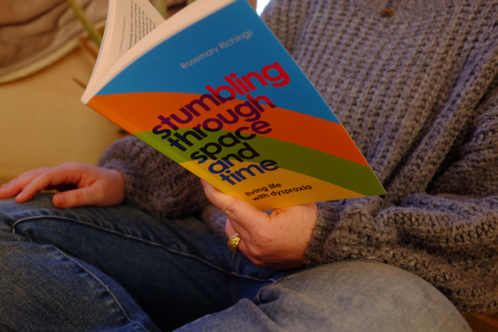 Close up of the cover of Rosemary Richings book Stumbling Through Space and Time: Living Life With Dyspraxia.