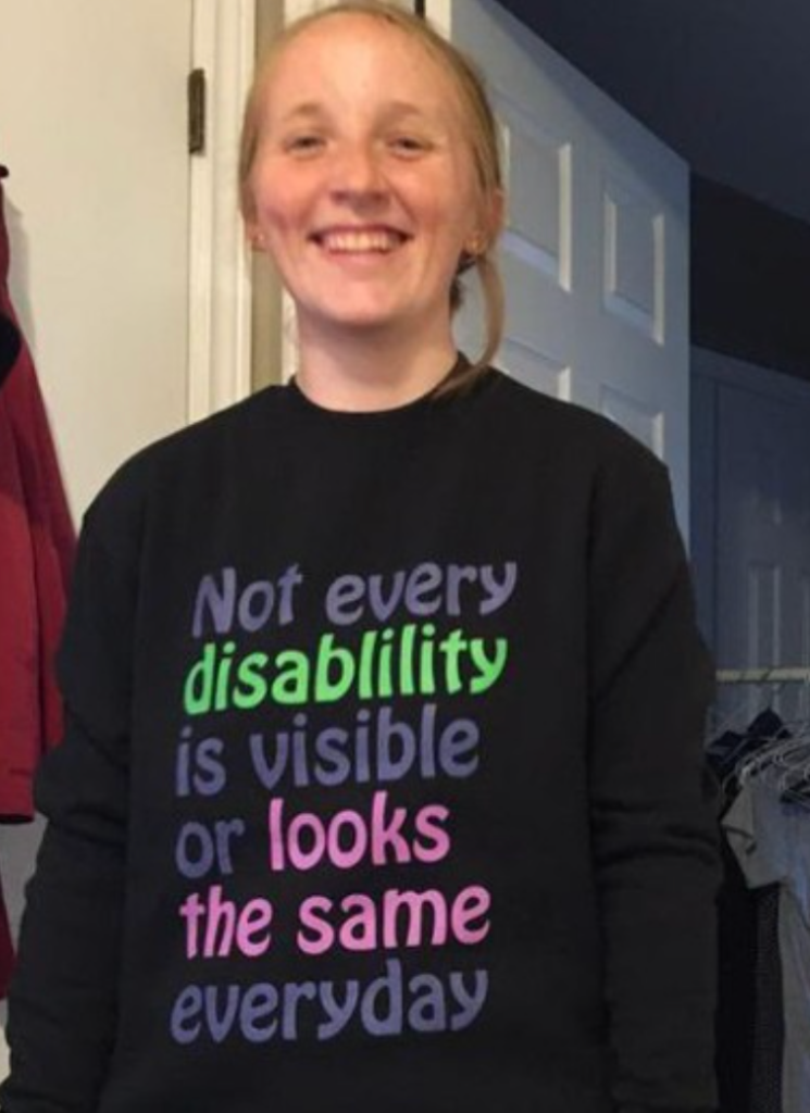 Rosemary Richings with a Not Every Disability Is Visible or Looks The Same Everyday sweater on. Here is a brief intro to her background in working on digital resources herself.